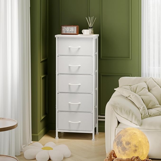 Fixwal White Tall Dresser for Bedroom, Closet Organizers and Storage Tall Fabric Dresser for Closet, Drawer Organizer with 5 Drawers, Bedroom Furniture