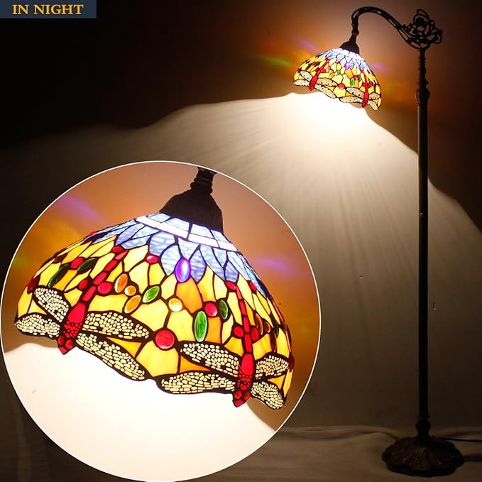 WERFACTORY Tiffany Floor Lamp Orange Blue Stained Glass Dragonfly Arched Lamp 12X18X64 Inch Gooseneck Adjustable Corner Standing Reading Light Decor Bedroom Living Room S168 Series