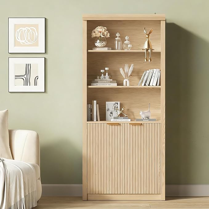 Garvee 71" Tall Bookshelf with Fluted Doors, 5 Tier Bookcase Display Shelves with Storage Cabinet & Adjustable Shelf, Mid-Century Modern Bookshelves for Home Office, Living Room, Oak