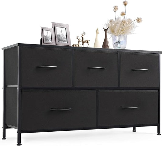 Sweetcrispy Dresser for Bedroom with 5 Storage Drawers, Fabric Storage Tower Organizer, Chest of Drawers with Metal Frame Wooden Top for Closet, Living Room, Entryway, Black