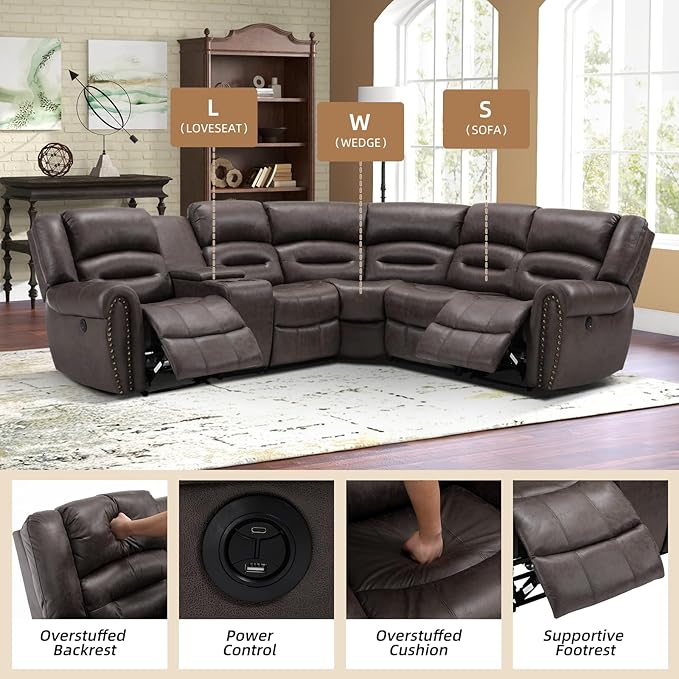 EBELLO Faux Leather Reclining Sectional Sofa Set, L-Shaped Power Corner Couch Home Furniture Set with Storage Console, Cup Holders, USB Port(Dark Brown,Sofa with Recliner)
