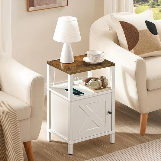 Farmhouse Nightstand with Charging Station, White Bedside Table with USB&Type-C Ports and Outlets, End Table with Storage, Night Stand for Bedroom, White and Rustic Brown ETRW96E01