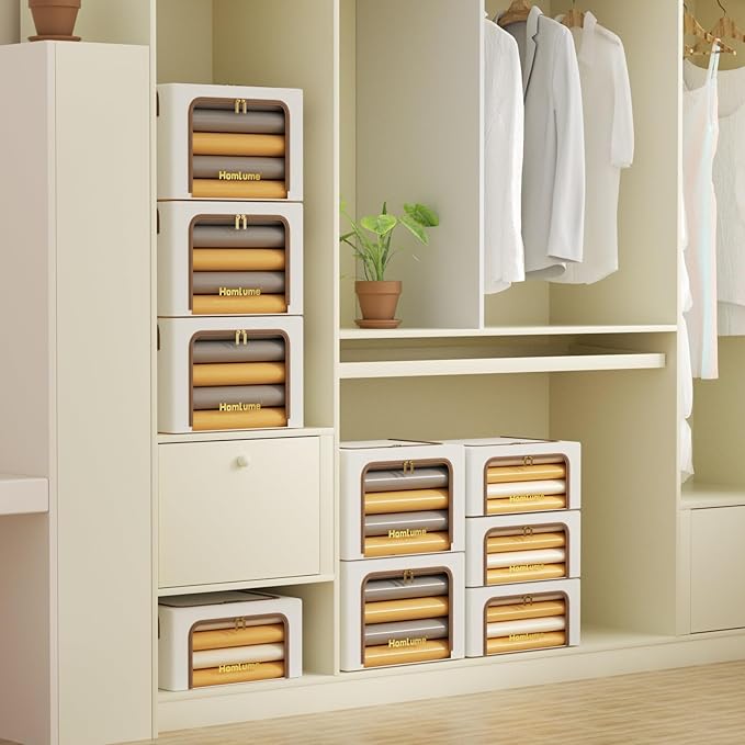 3 Pack Linen Fabric Clothes Storage Bins Collapsible Storage Bins and Storage Boxes for Clothes with Metal Supports (Beige, 36L)