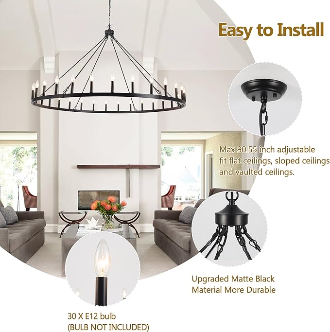 Black Extra Large Wagon Wheel Chandelier, 60 inch 30 Lights Farmhouse Chandelier, Industrial Candle Round Pendant Light Fixture for High Ceiling Living Room Dining Room Entryway