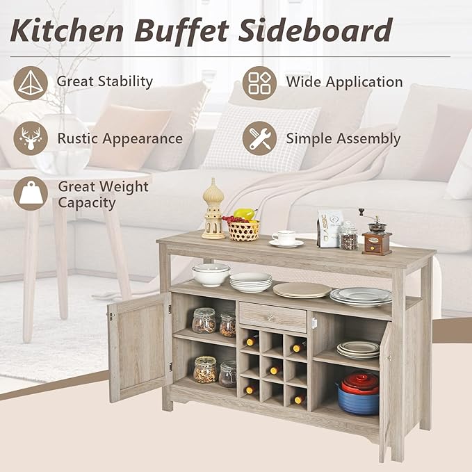 COSTWAY Buffet Cabinet Storage Sideboard, Server Console Table, Kitchen Cupboard Table with 2 Cabinets, Wine Rack & Open Shelf, 46 x 16 x 31.5 inches, Coffee Bar Cabinet for Entryway, Living Room