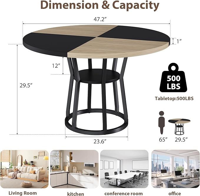 Garvee Round Dining Table for 4-6, 42" Farmhouse Kitchen Table with Storage, Circle Dinner Tables for Kitchen, Dining Room, Living Room, Meeting Room, Apartment