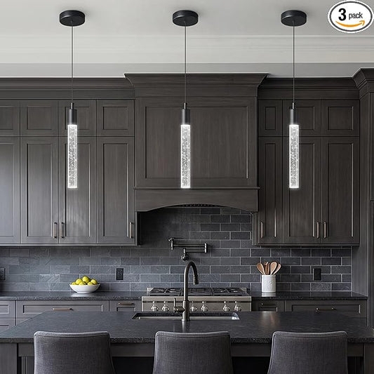 Modern Kitchen Island Pendant Light Dimmable LED Black Finish Mini Crystal Pendant Lighting Bedroom Bedside Table Small Pendant Lights（3-Pack）