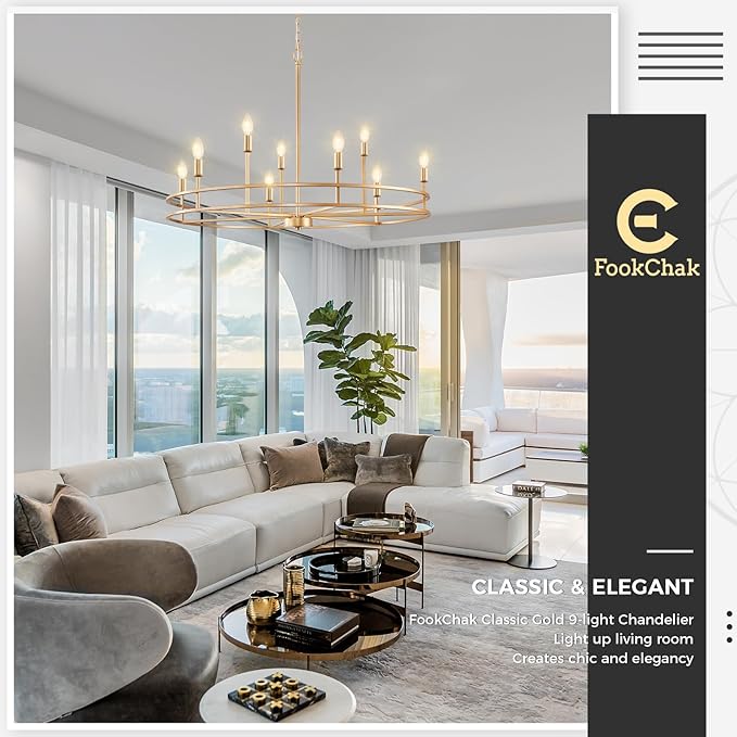 Brushed Gold Chandelier Light Fixture 9-Light Round Dining Room Chandelier Over Table Brass Chandeliers Lighting for Master Bedroom 35in Metal Chandeliers for Living Room Foyer Bathroom