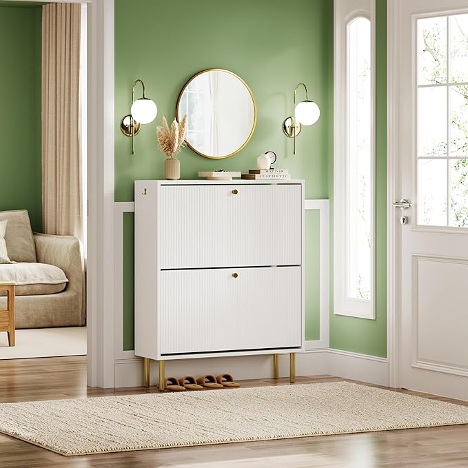 Nicetree Shoe Storage Cabinet for Entryway - 2 Flip Drawers Shoe Cabinet with Tiered Fluted Design - Slim Shoe Storage Rack with Gold Legs - Narrow Shoe Cabinet Hidden Shoe Organizer for Small Spaces