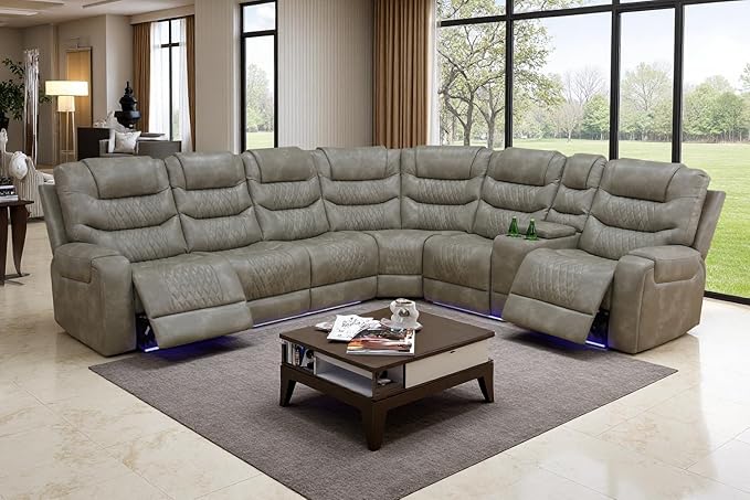 Power Recliner Sectional Sofa with LED Light for Living Room, Grey Air Leather Reclining Sofa Corner Sectional Couches Set, Cup Holder, Storage Console for Home Theater Seating, Grey