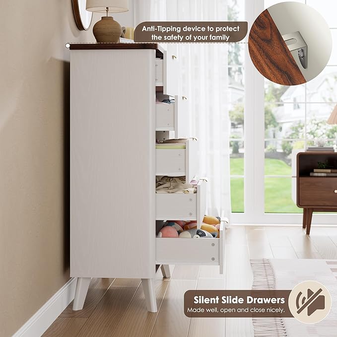 Garvee 5 Drawers Dresser for Bedroom, 47.2" Tall Dressers with Curved Profile Design, Fluted Wood Drawers with Gold Handle, Modern Chest of Dressers with Thickened Design for Living Room, White