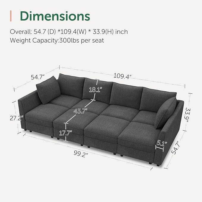 HONBAY Modular Sofa Sectional Sleeper Couch with Storage Seat Reversible Sectional Sleeper Couch Modular Sofa - Snowflake Velvet Grey