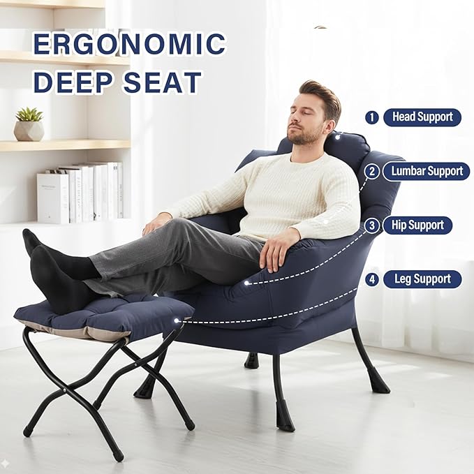 Lazy Chair with Ottoman, Modern Lounge Chair with Lumbar Pillow, Accent Cozy Reading Armchair and Folding Footstool for Bedroom, Dorm, Living Room,Navy