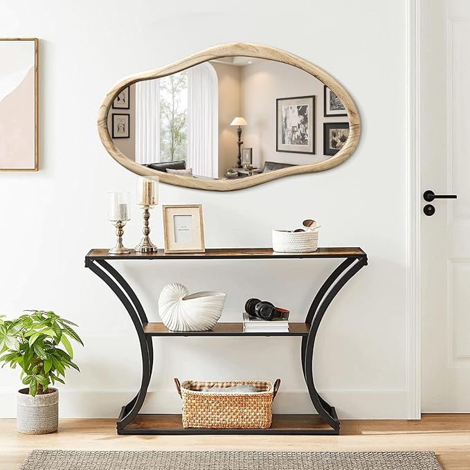 JJUUYOU Irregular Wood Mirror Asymmetrical Bathroom Wall Mounted Mirror 34"x22" Large Horizontal or Vertical Hanging Wall Mirrors for Makeup Bedroom Living Room Wood