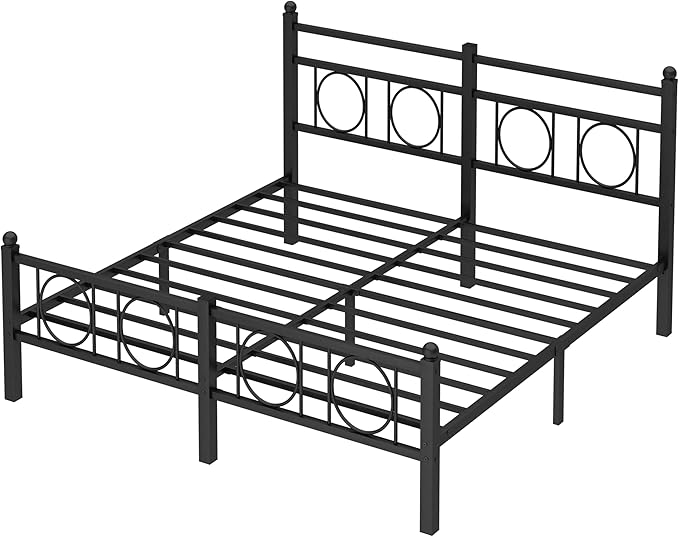 Queen Size Bed Frame Classic Metal Platform Bed Frame Mattress Foundation with Victorian Style Iron-Art Headboard/Footboard/Storage Space/No Box Spring Needed/Black