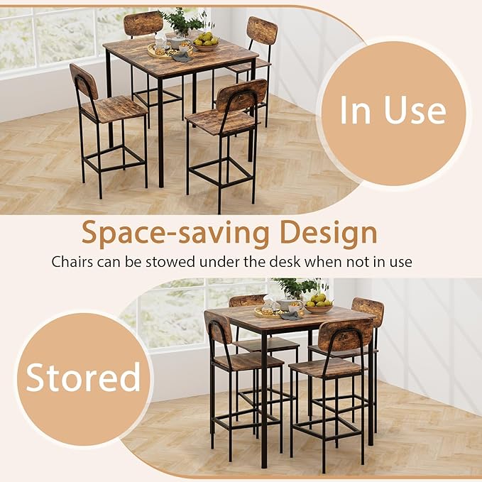 GOFLAME 5-Piece Dining Table Set for Small Space, Kitchen Table and Chairs Set for 4 with Steel Frame, Square Breakfast Table Set, Industrial Counter Height Table Set for Home Restaurant, Rustic Brown