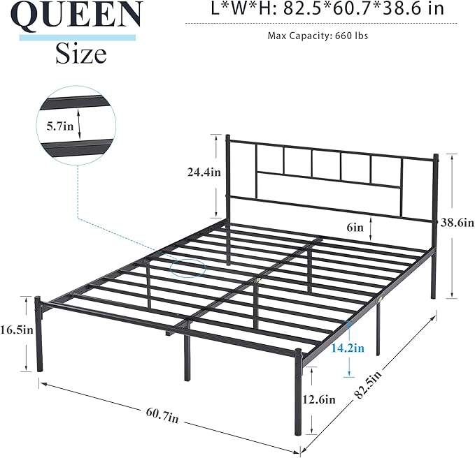 VECELO Queen Metal Platform Bed Frame with Headboard, Heavy Duty Steel Slat Support, Under Bed Storage,No Box Spring Needed, Easy Assembly