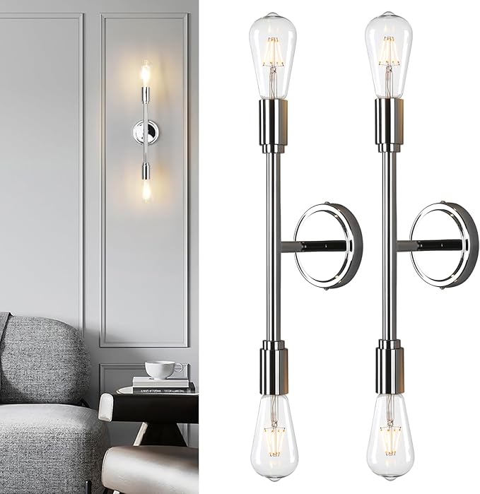 Phansthy Wall Sconces Set of Two, Modern Sconces Wall Lighting Fixtures, 2-Light Bathroom Light Over Mirror, Indoor Ceiling Light/Wall Light for Bedroom, Living Room (Chrome 2 Pack)