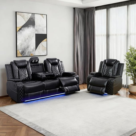 Power Leather Recliner Sofa Set with LED Light,Reclining Sofa and Chair Set with Coffee Table/USB Charger/Storage,Leather Couch for Living Room Furniture Sets(3+1 Seats,Black)