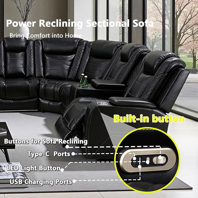 Power Reclining Sectional Sofa Set with LED Light, Leather Sectional Couches, Living Room Furniture Sets, Modern Power Recliner Sofa Sets with 3 Recliner Seater, Couches for Living Room