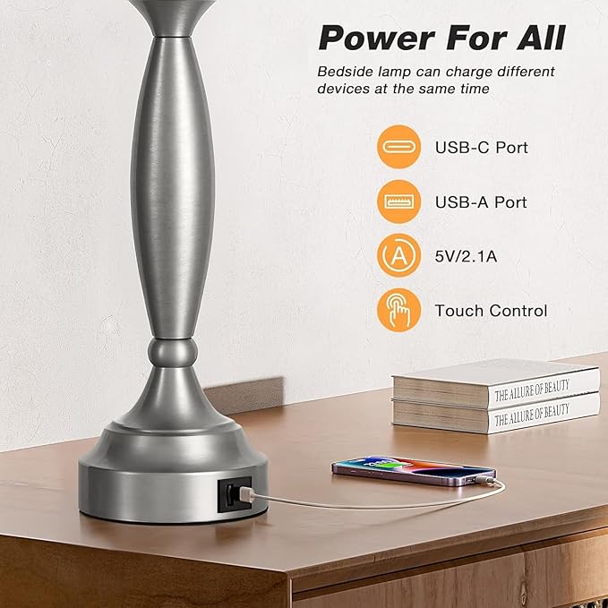 Seealle 25.5" White Lamps for Bedrooms Set of 2 - Touch Control Bedside Lamp with USB C+A, 3 Way Dimmable Nightstand Lamps with USB Port, Table Lamp for Living Room(White Shade and Nickel Base)