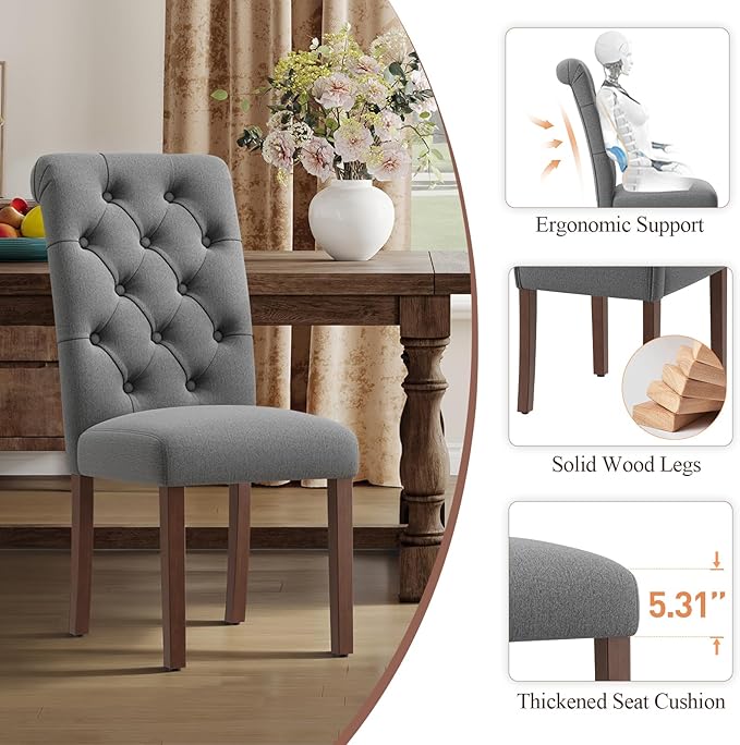 Upholstered Tufted Dining Room Chairs Set of 4, Parsons Kitchen Chairs with Padded Seat and Solid Wood Legs, Fabric Accent Side Diner Chair for Dining Room/Kitchen/Living Room, Grey