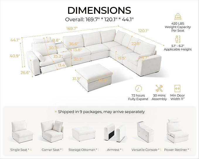 169.7" Oversized Modular Power Recliner Sofa with Headrest, Wall Hugger Cloud Reclining Couch, Drawer Charging Cup Holders, Deep 7-Seater Sectional with Corner and Storage Ottoman, Chenille, White