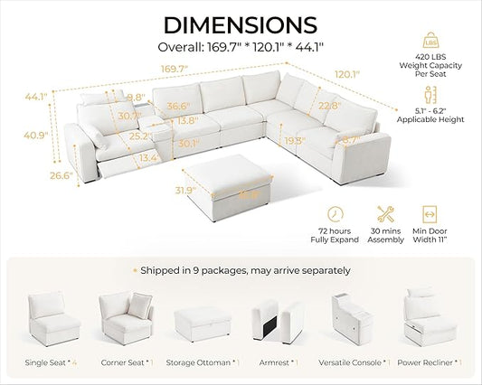 169.7" Oversized Modular Power Recliner Sofa with Headrest, Wall Hugger Cloud Reclining Couch, Drawer Charging Cup Holders, Deep 7-Seater Sectional with Corner and Storage Ottoman, Chenille, White