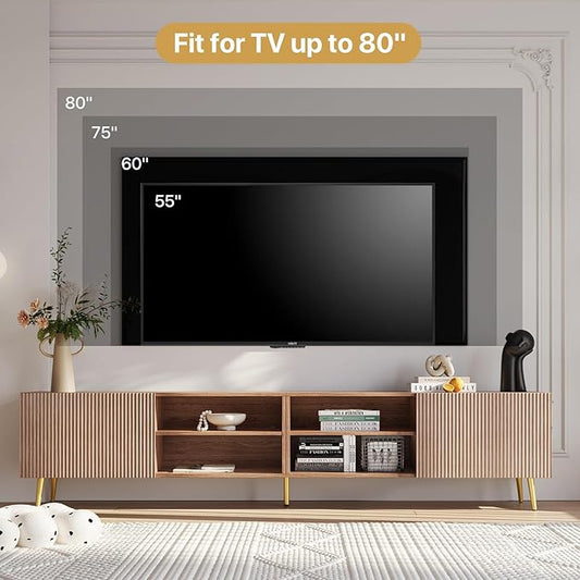 Modern 86in TV Stand for Living Room, Fluted Design Entertainment Center with Adjustable Shelves,Media TV Console Table with Storage for Bedroom,Walnut