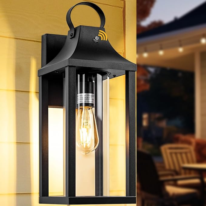 Dusk to Dawn Outdoor Lighting for House 17 Inch, Black Porch Light Cylindrical Glass IP65 Waterproof Large Outdoor Light Fixture Farmhouse Sconces Wall Lighting Exterior Lanterns for Patio