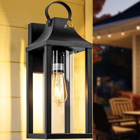 Dusk to Dawn Outdoor Lighting for House 17 Inch, Black Porch Light Cylindrical Glass IP65 Waterproof Large Outdoor Light Fixture Farmhouse Sconces Wall Lighting Exterior Lanterns for Patio