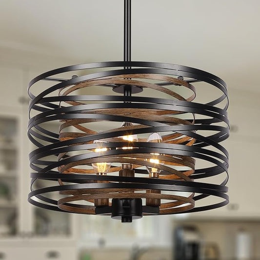 3-Light Dining Room Chandelier，12.6" Rustic Black Drum Chandeliers，Wood Grain and Vintage Light Fixture for Kitchen Entryway Living Room