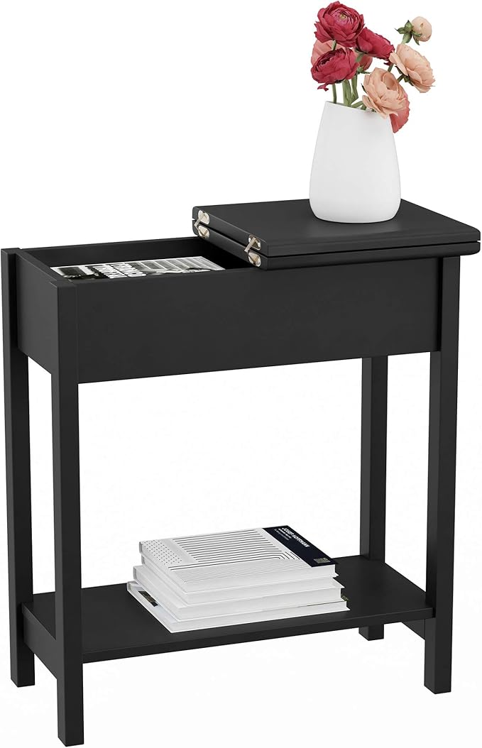 Lavish Home Flip Top End Table - Narrow End Table and Slim Console with Storage Compartment and Lower Shelf for Living Room, Hallway, Entryway and Small Spaces (Black)