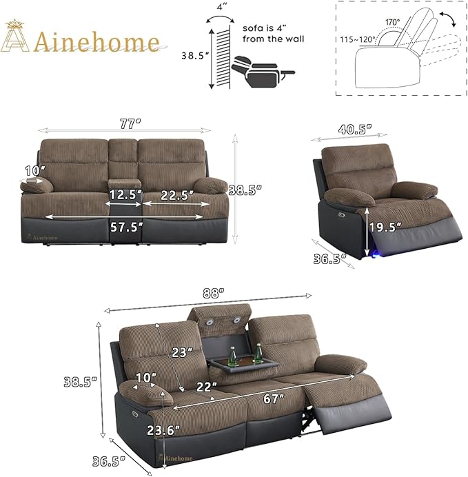 A Ainehome Power Recliner Sofa Set with LED, Corduroy Sofa Sets, 3 Pieces Living Room Furniture Sets, Reclining Sofa Sectional Couches for Living Room with USB Port/Storage Console/Cup Holders