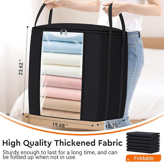 120L Extra Large Clothes Storage Bags, Foldable Blanket Storage and Organization, Thick Fabric Containers with Reinforced Handles & Zippers for Clothing, Comforters, Bedding, Black, 6 Pack
