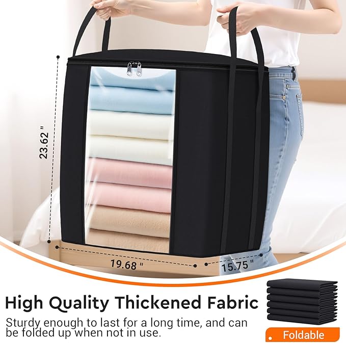 120L Extra Large Clothes Storage Bags, Foldable Blanket Storage and Organization, Thick Fabric Containers with Reinforced Handles & Zippers for Clothing, Comforters, Bedding, Black, 4 Pack