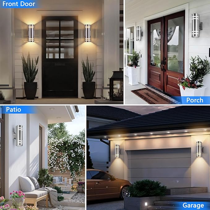 RAYVO Dusk to Dawn Outdoor Wall Light, Up Down Stainless Steel Exterior Light Fixture with Photocell Sensor, Waterproof Outdoor Sconce Lights for House Porch Garage Patio, LED Bulbs Included