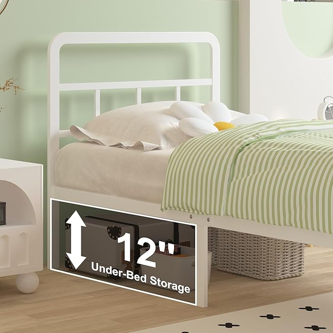 14 Inch Twin Bed Frames with Headboard and Footboard, Heavy Duty Twin Bed Frame with Underneath Storage, No Box Spring Needed, Easy Assembly, White