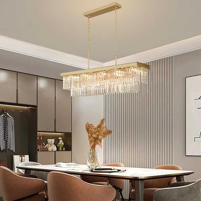 Crystal Chandeliers for Dining Room Light Fixtures Over Table，15-Lights Gold Modern Rectangle Chandeliers for Kitchen Island Bar