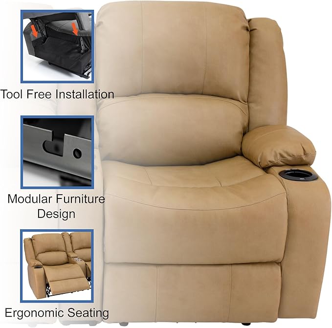 RecPro Charles 64" Powered Recliner RV Sofa with Console and Cupholders | Zero Wall Loveseat for Camper | Wall Hugger Couch with Upgraded 2023 Fabric (Toffee)