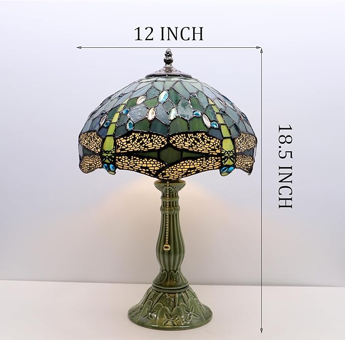 Tiffany Lamp Stained Glass Table Lamps Sea Blue Dragonfly Style Desk Lamp 12X12X18.5 Inch Bronze Ceramic Base Reading Light Suitable for Bedside Bedroom Living Room Dining Room Office