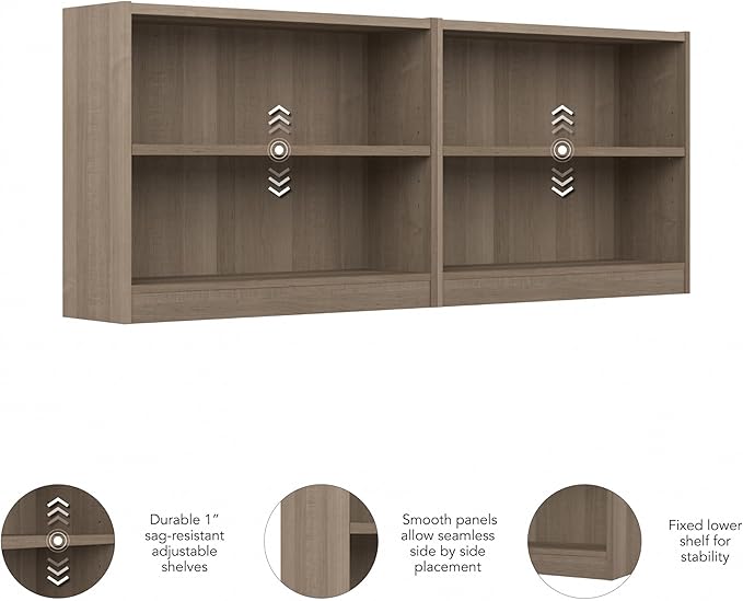 Bush Furniture Universal Small 2 Shelf Bookcase in Ash Gray - Set of 2, Matching Storage and Display Bookshelves for Home Office or Living Room Organization