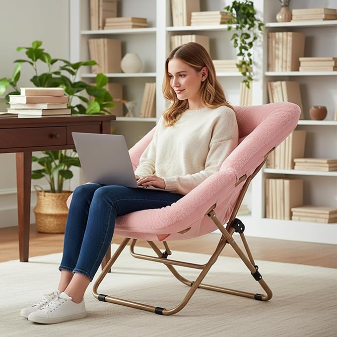 Tiita Comfy Folded Chair, Soft Faux Fur Oversized Folding Accent Chair, Lazy Chair for Teens Adults, Metal Frame Moon Chair for Bedroom, Living Room, Dorm Rooms, X-Large Pink