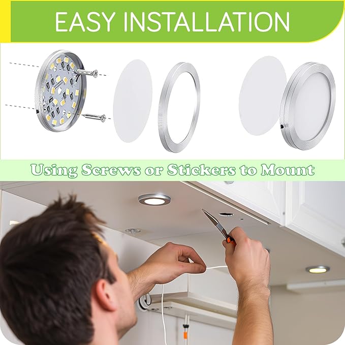 LED Kitchen Lighting, Linkable Under Cabinet Puck Light Kit, Wireless Remote Control Dimmable, 120V Wall Plug in Curio Accent Lighting Under Shelf Lights, 6 Lights, Cool White