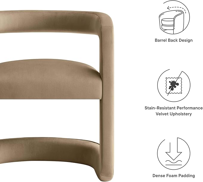 Modway Winslow Stain-Resistant Performance Velvet Dining Chair in Taupe - Open Back Barrel Armchair - Upholstered Dining Chair - Cozy Reading Chair or Velvet Vanity Chair