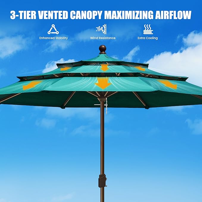 EliteShade USA 10-Year-Non-Fading 11ft 3-Tier Market Patio Umbrella, Commercial Grade Outdoor Table Umbrella with Crank Open, Windproof & UPF 50+ UV Protection, Heavy Duty Ventilation for Garden, Deck, Pool, Backyard, Beach & Bistro, No Tilt, Teal
