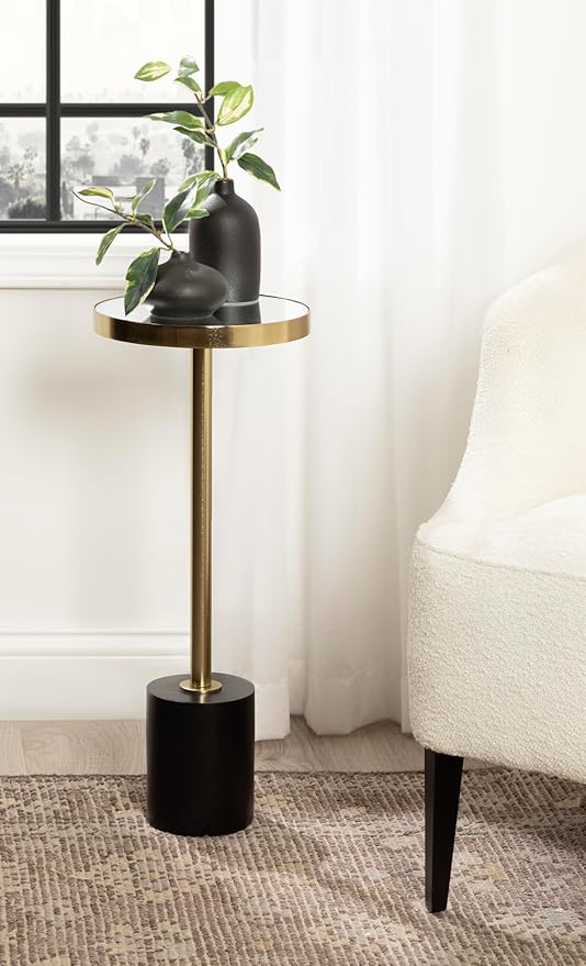 Kate and Laurel Hescott Modern Mirrored Drink Table; 10 x 10 x 24; Black and Gold; Glam Round Pedestal Table for Use as Plant Stand Indoors or Living Room Accent Table