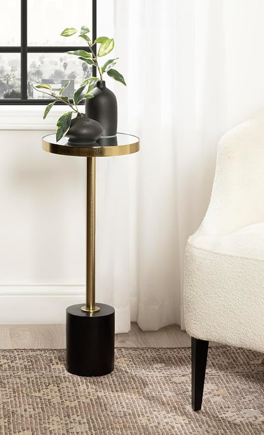 Kate and Laurel Hescott Modern Mirrored Drink Table; 10 x 10 x 24; Black and Gold; Glam Round Pedestal Table for Use as Plant Stand Indoors or Living Room Accent Table