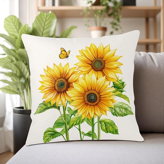 Sunflower Throw Pillow Covers 18x18 Set of 2 Watercolor Yellow Floral Decorative Pillow Cases Summer Outdoor Farmhouse Throw Pillows for Home Couch Sofa Porch Living Room