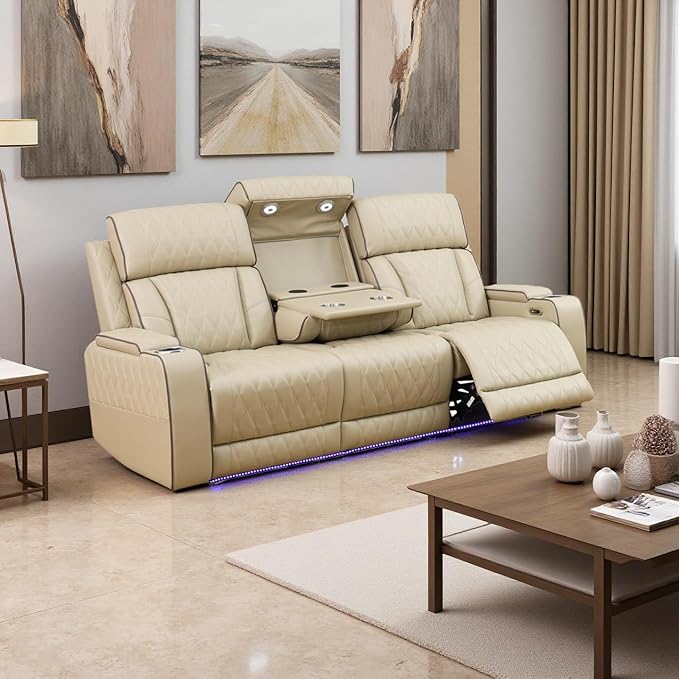 A Ainehome Power Leather Recliner Sofa Set, Recliner Sofa Sectional Couches for Living Room, Reclining Sofa, loveseat, Chair with Storage Console/Cup Holders(Khaki,Sofa)